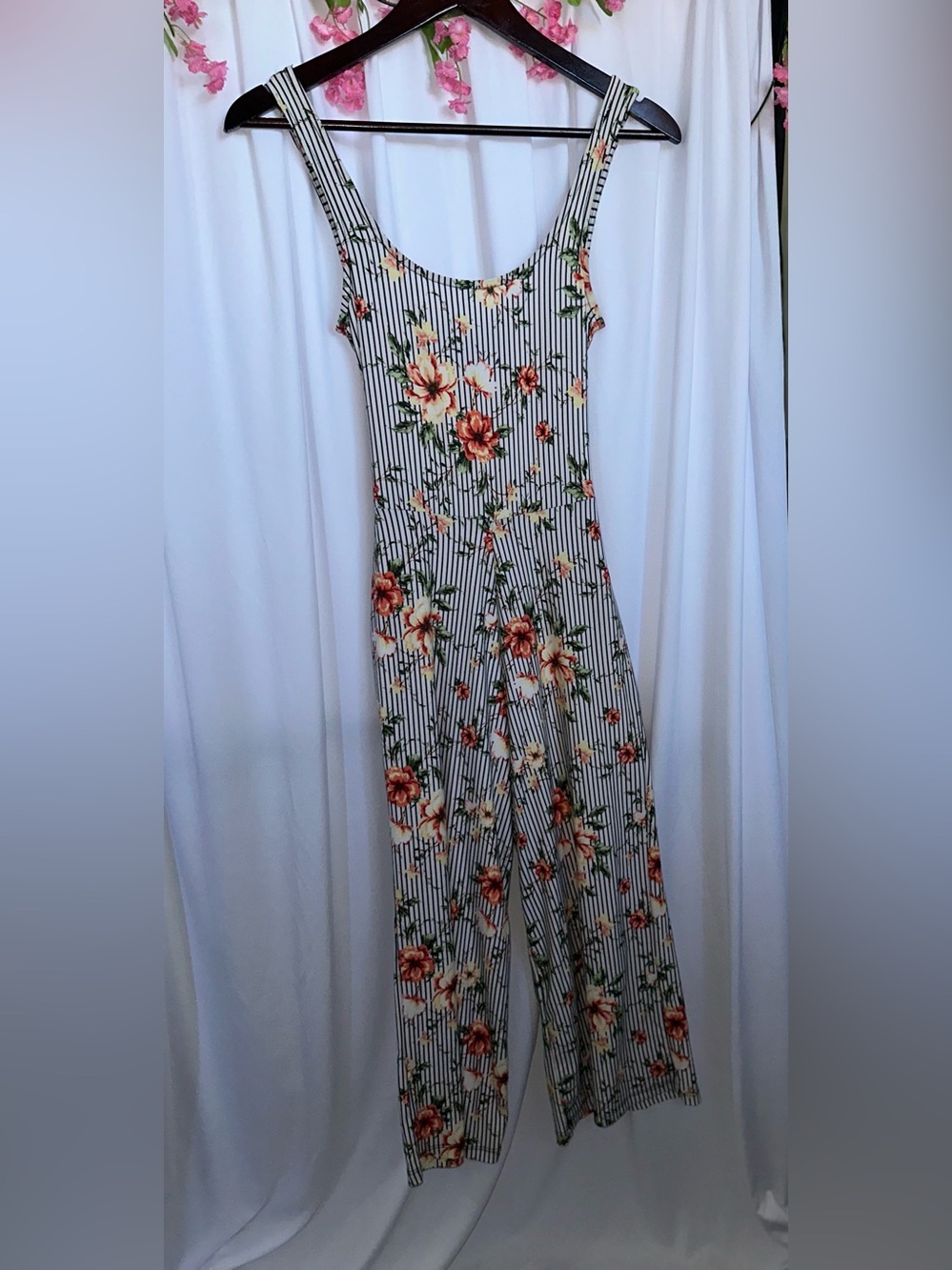 Polly & Esther White Striped Maxi Romper with Coral Floral Print